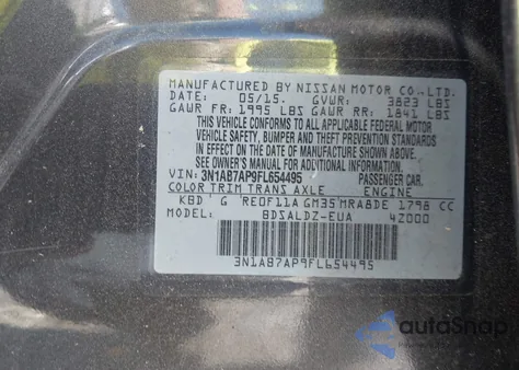 2015 Nissan Sentra Fe+ S/S/Sl/Sr/Sv z USA, uszkodzony, nr VIN 3N1AB7AP9FL654495